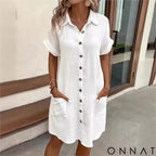 Women’s Button Down Linen Shirt Dress With Pockets White (Best Seller) / M