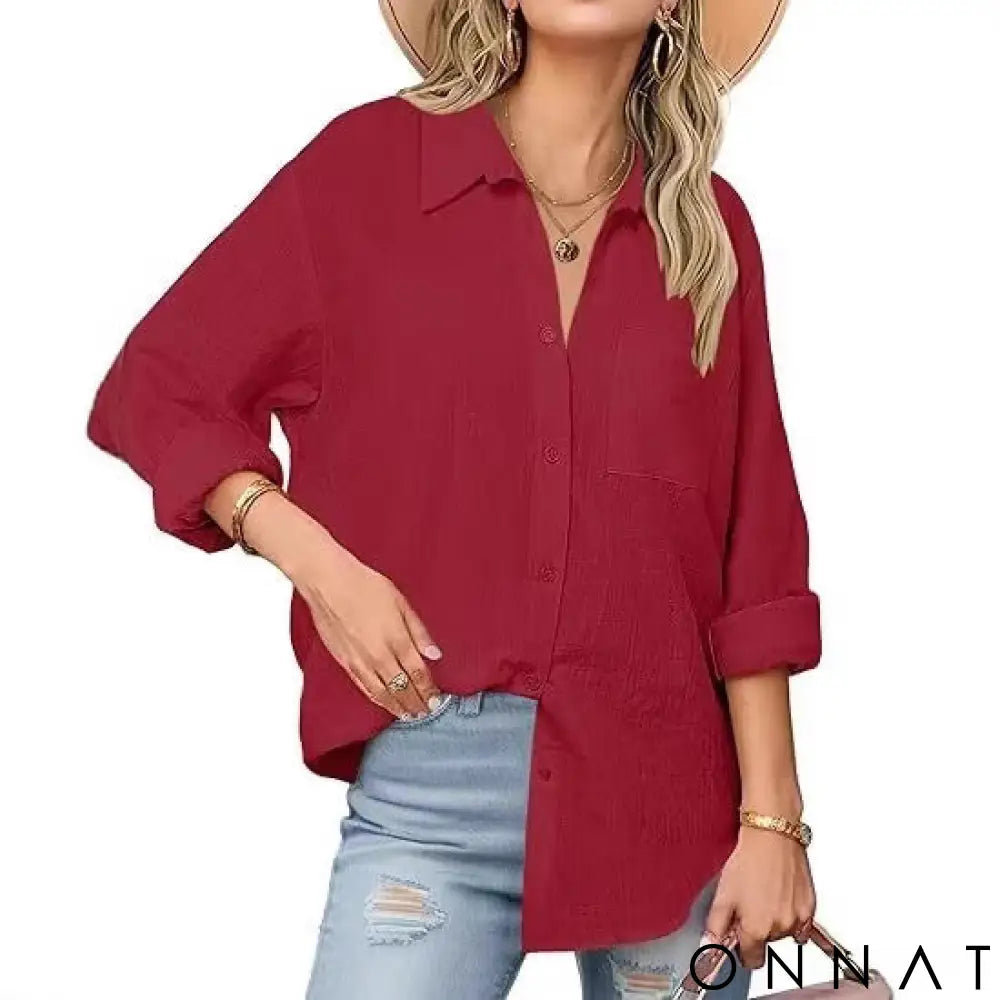 Women’s Classic Linen Button Down Shirt S / Burgundy Red